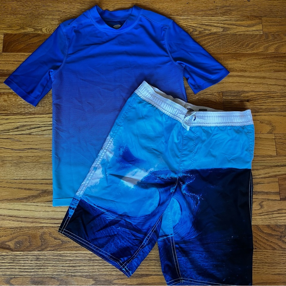 Old Navy blue rash guard and swim trunks